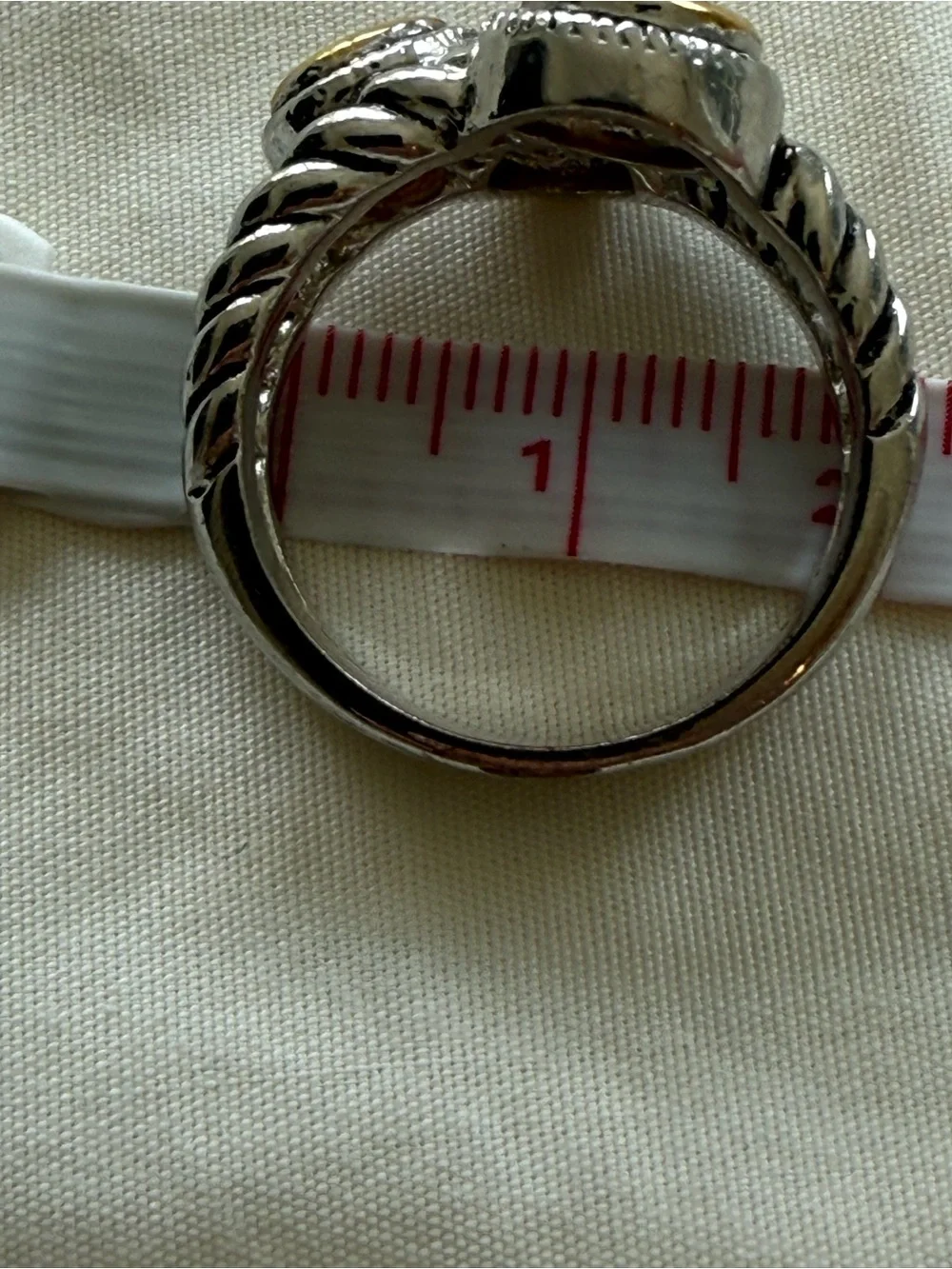 Two Tone Cable Statement Ring Amber Crystal Stones Silver Gold Tone